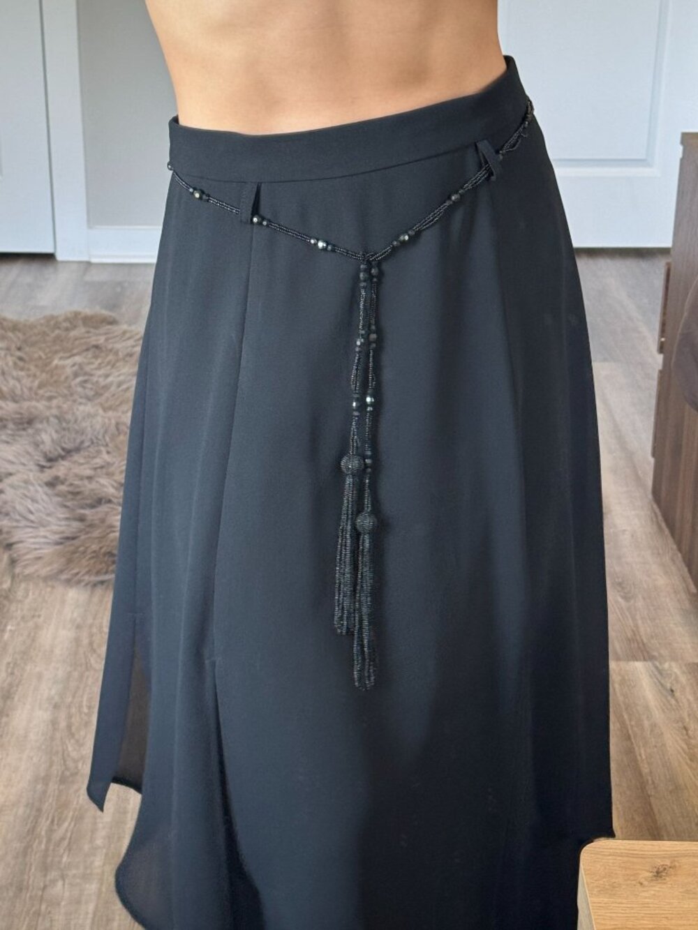 Vintage 90s Ribkoff Black Chiffon Maxi Skirt Beaded Belt Black Whimsigoth Fairy - Picture 2 of 14